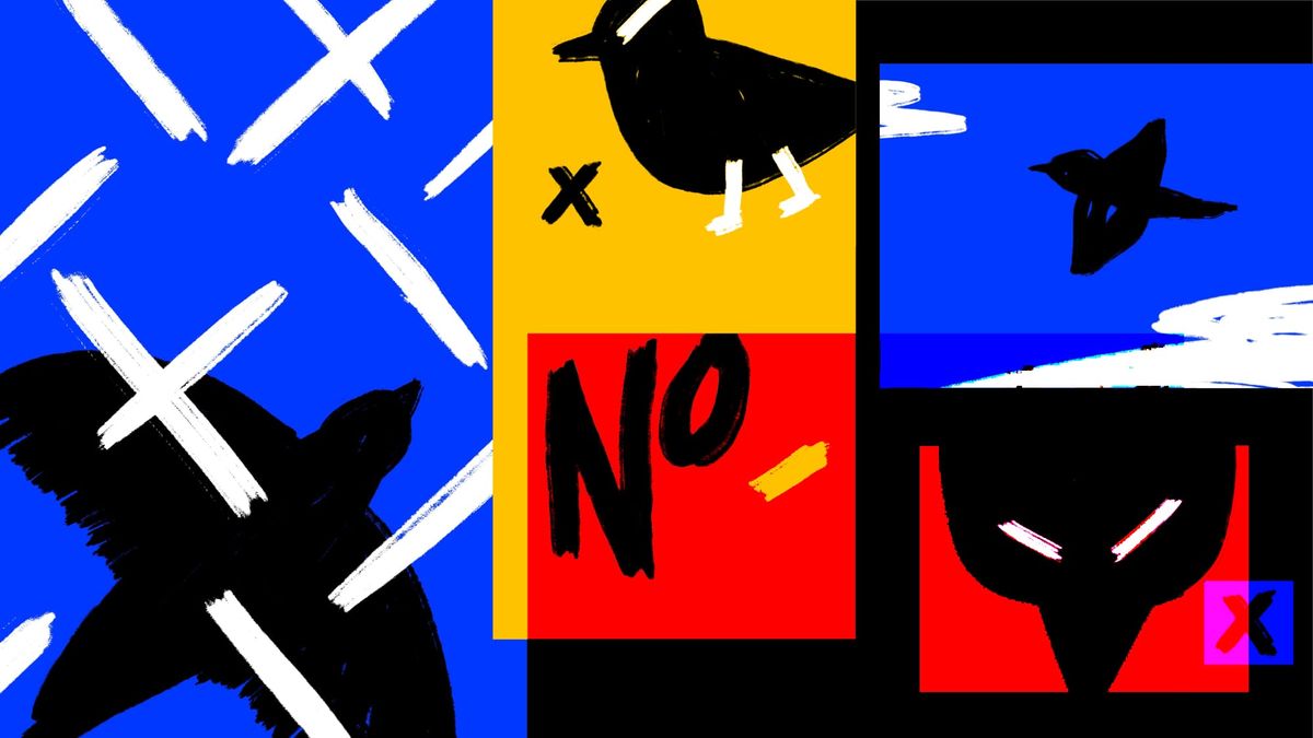 Graphic composition of different bird illustrations, with rough brush strokes, several overlaps, and primary colors only. The bird flies, moves, and is upset. 