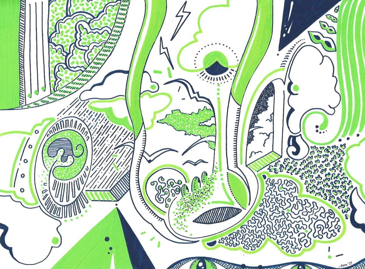 Abstract image made with green acrylic Posca and dark blue pen on paper. Lines and points move around and create more or less recognisable shapes.