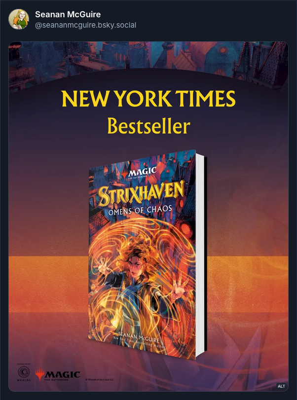 Seanan McGuire Bluesky post celebrating Omens of Chaos making the NYT Bestseller list.
