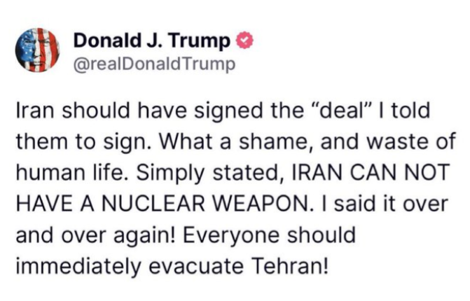 Trump activa su diplomacia incendiaria: Pide evacuar la capital iraní