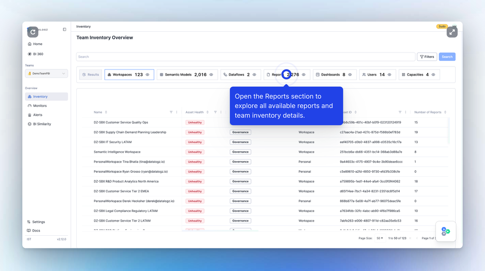 Filter Reports by Creator and Sort Team Inventory