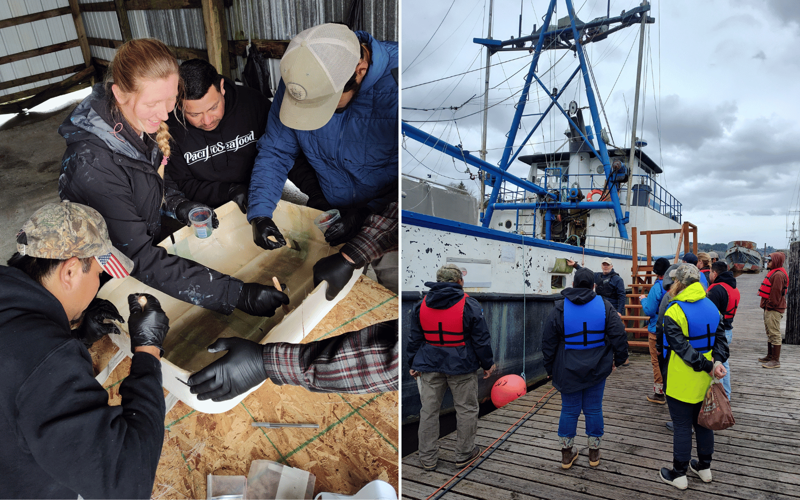 An image of a group at work and another image of people on a dock next to a fishing vessel.
