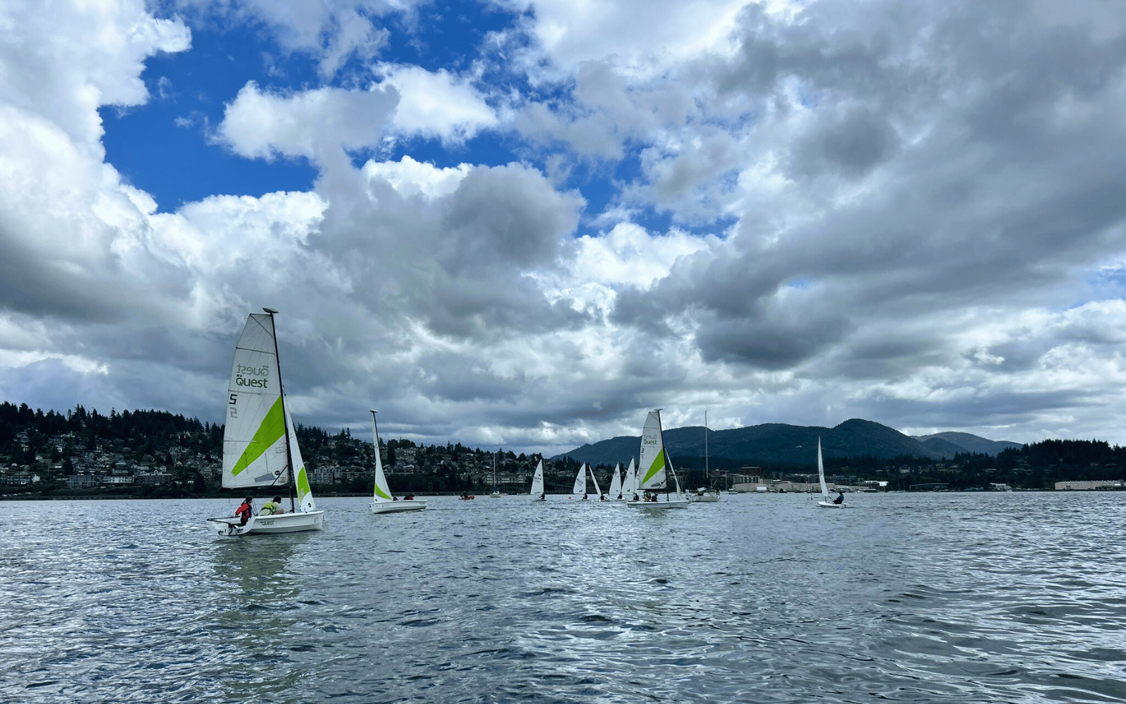 Small sailboats with green and white sails on the water with blue sky and clouds above.