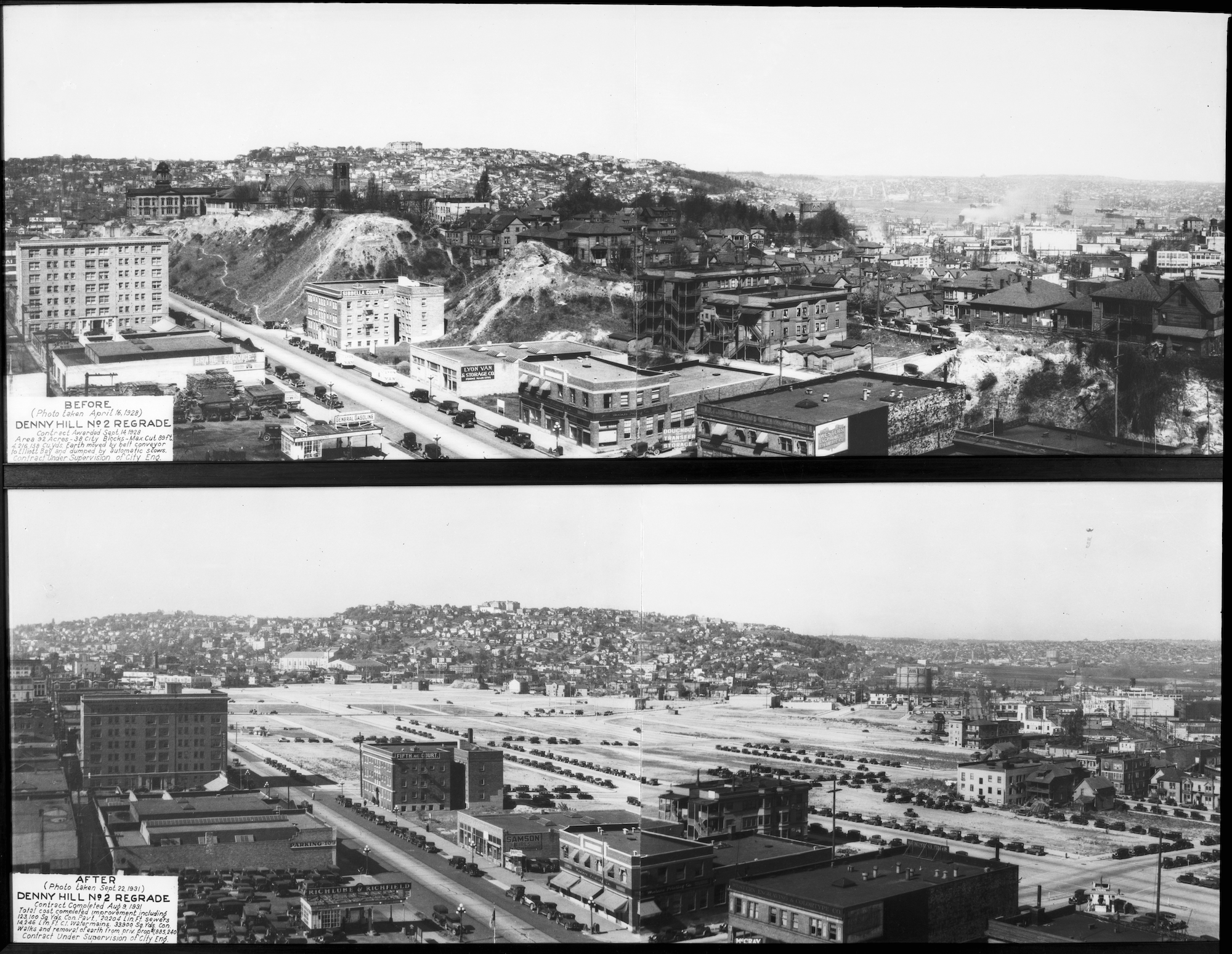 Two historic photos show the same view before and after a steep hill was removed.