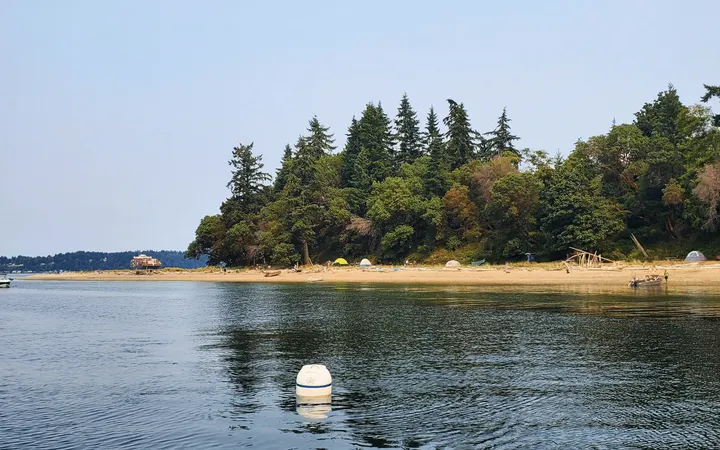 A white and blue buoy in front of a tree-covered island with tents and boats pulled up.
