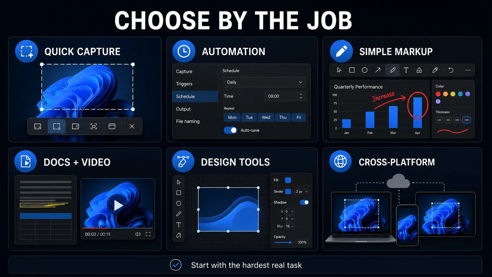 Six Windows screenshot workflows organized by capture job