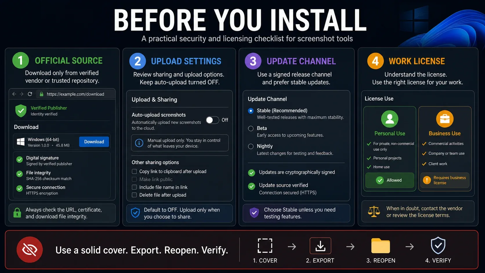 Security and licensing checklist for Windows screenshot software