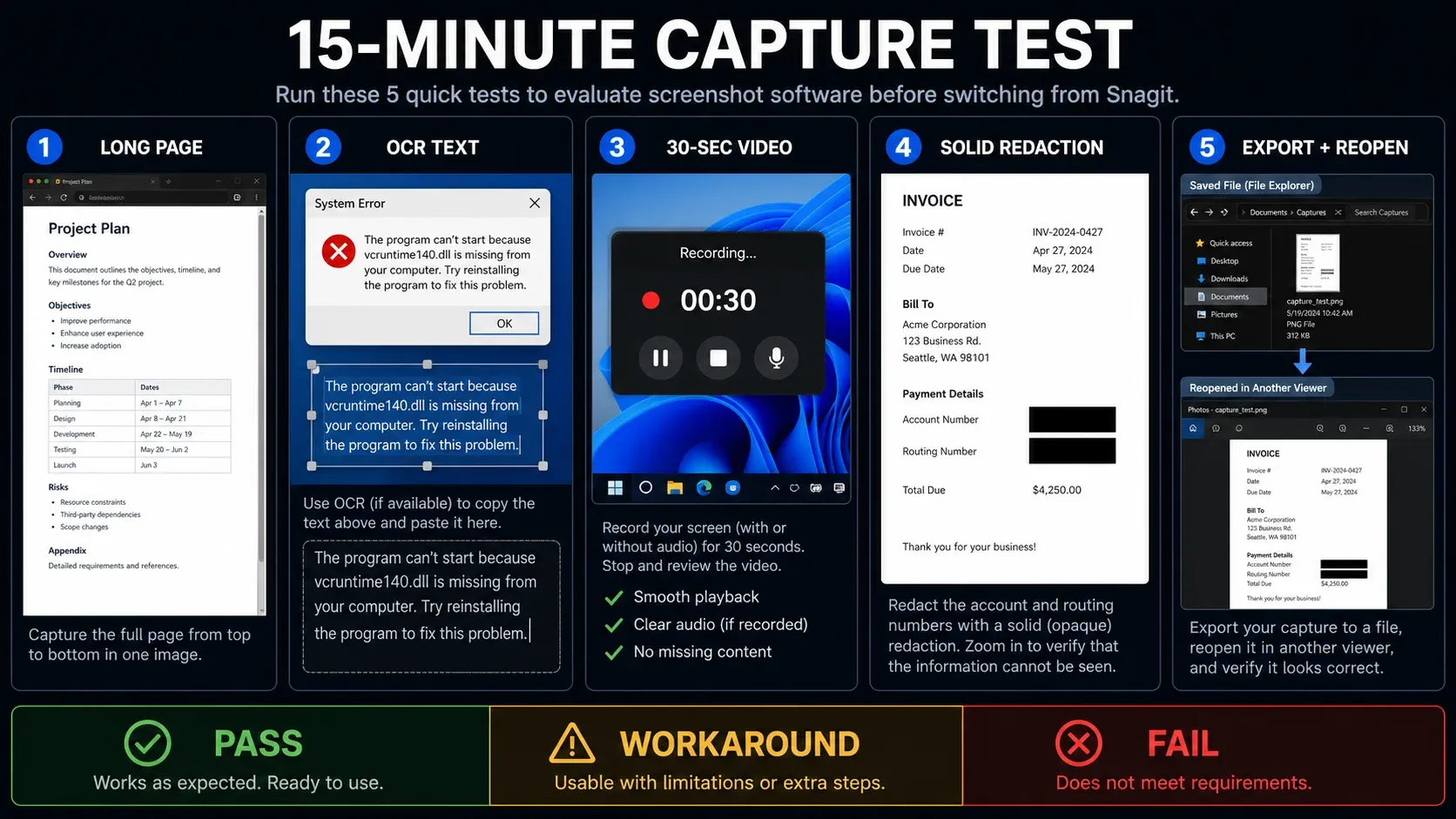 Five-step test for Windows screenshot and recording tools
