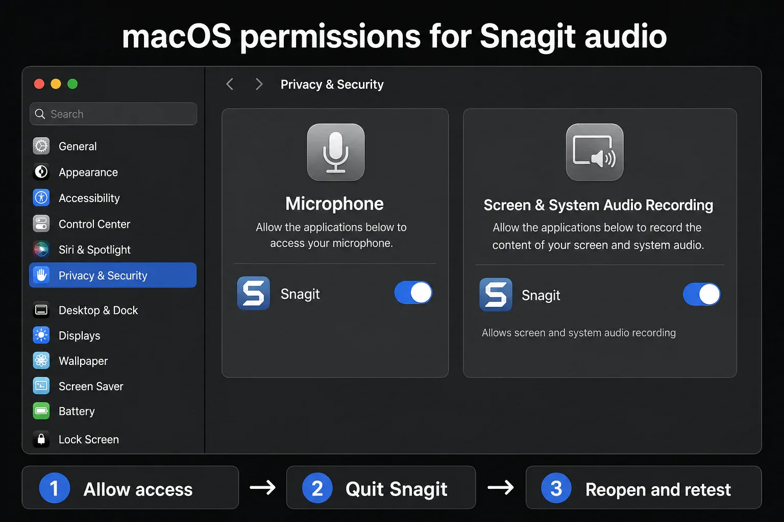 macOS Microphone and Screen and System Audio Recording permissions enabled for Snagit