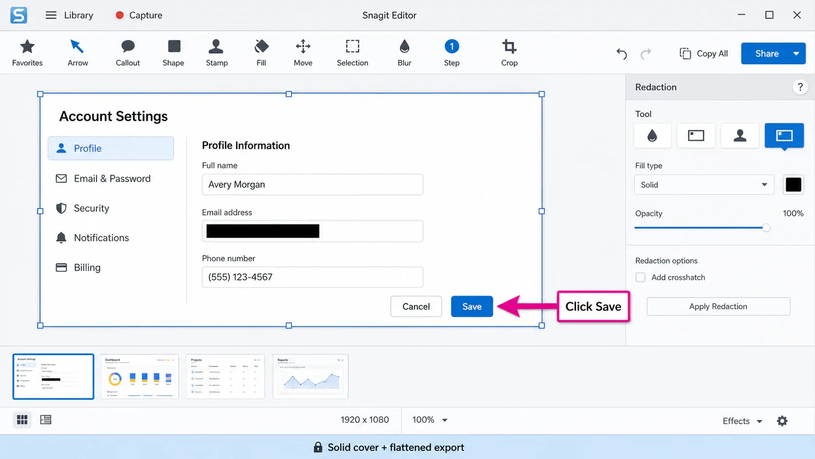 Snagit Editor workflow with crop, arrow, callout, Step tool, and solid redaction