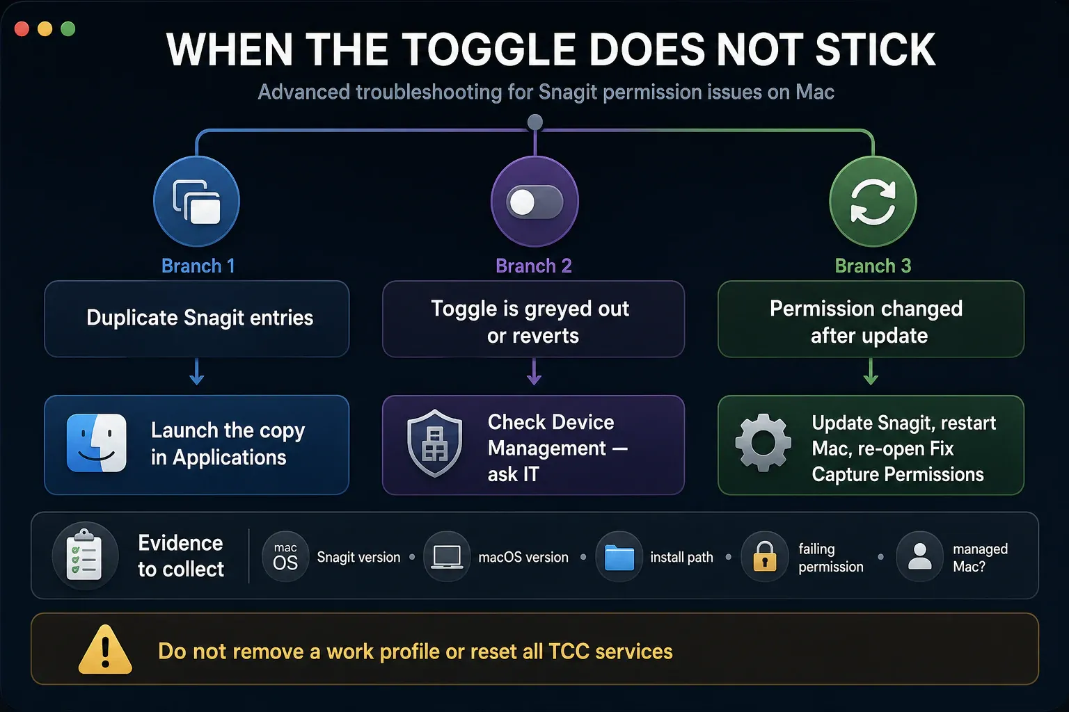 Duplicate Snagit entries, locked Mac privacy toggles, and post-update permission recovery branches