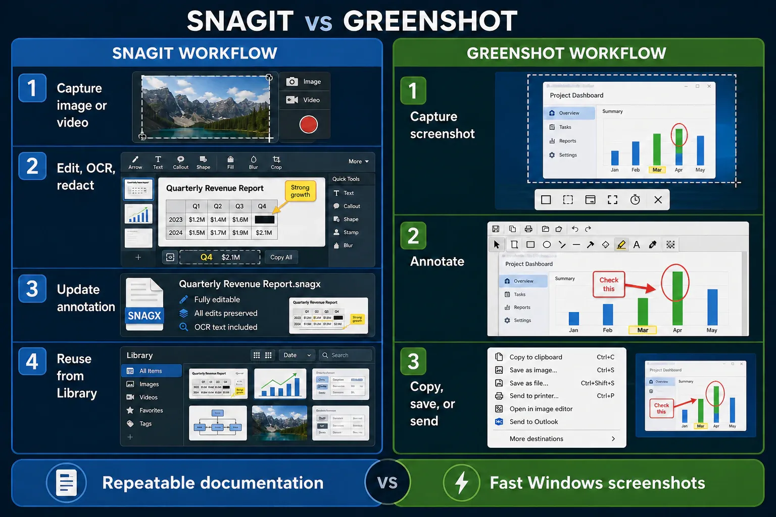Snagit editable documentation workflow compared with Greenshot capture, annotate, and send workflow