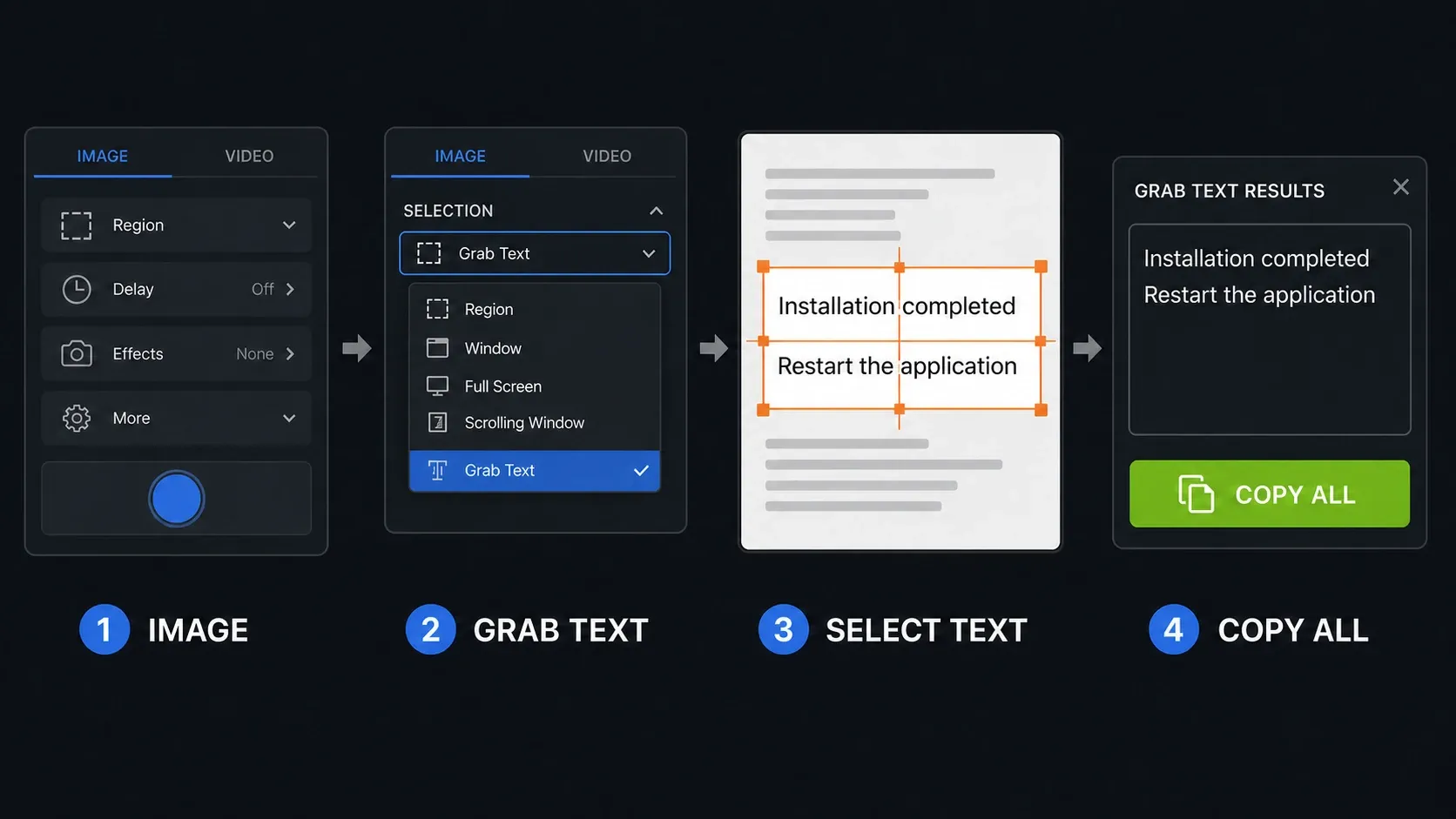 Snagit Grab Text capture workflow from Image selection to Copy All results