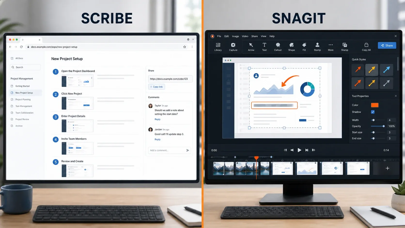 Scribe's numbered SOP editor in a browser beside the Snagit Editor with annotation tools and a video timeline