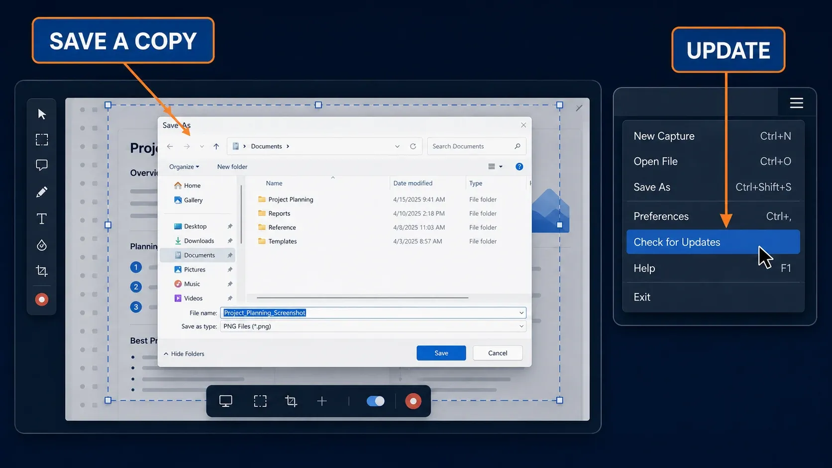 Snagit Save As dialog saving a PNG rescue copy, with Check for Updates highlighted in the menu