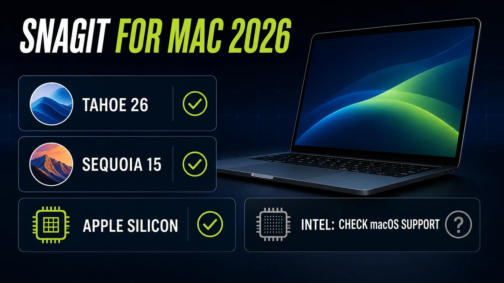 Snagit for Mac 2026 compatibility with macOS Tahoe, Sequoia, Apple Silicon, and supported Intel Macs