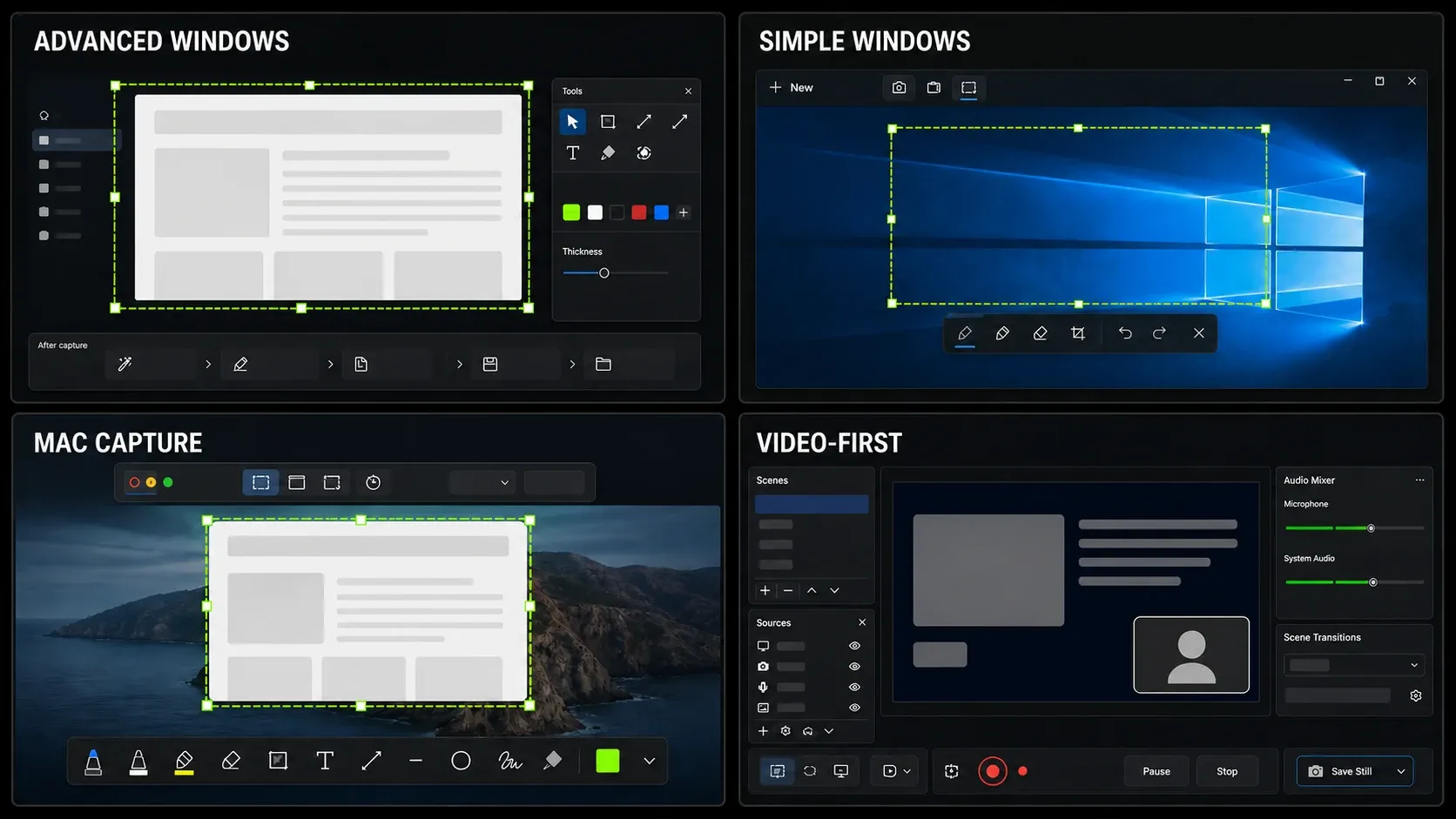 Free Snagit alternatives for advanced Windows capture, simple Windows snips, Mac capture, and video-first recording