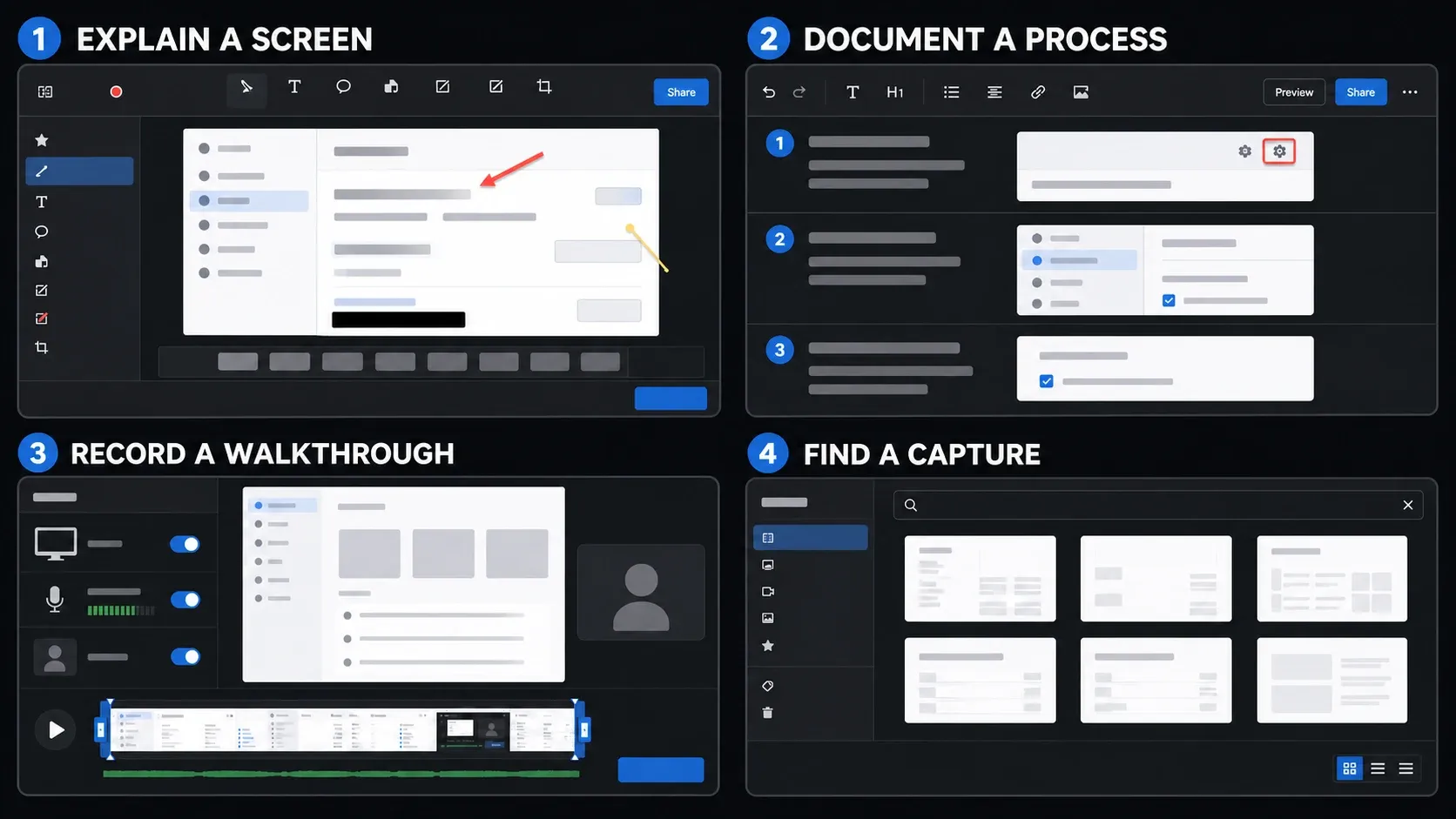 Snagit task states for explaining a screen, documenting a process, recording a walkthrough, and finding a capture