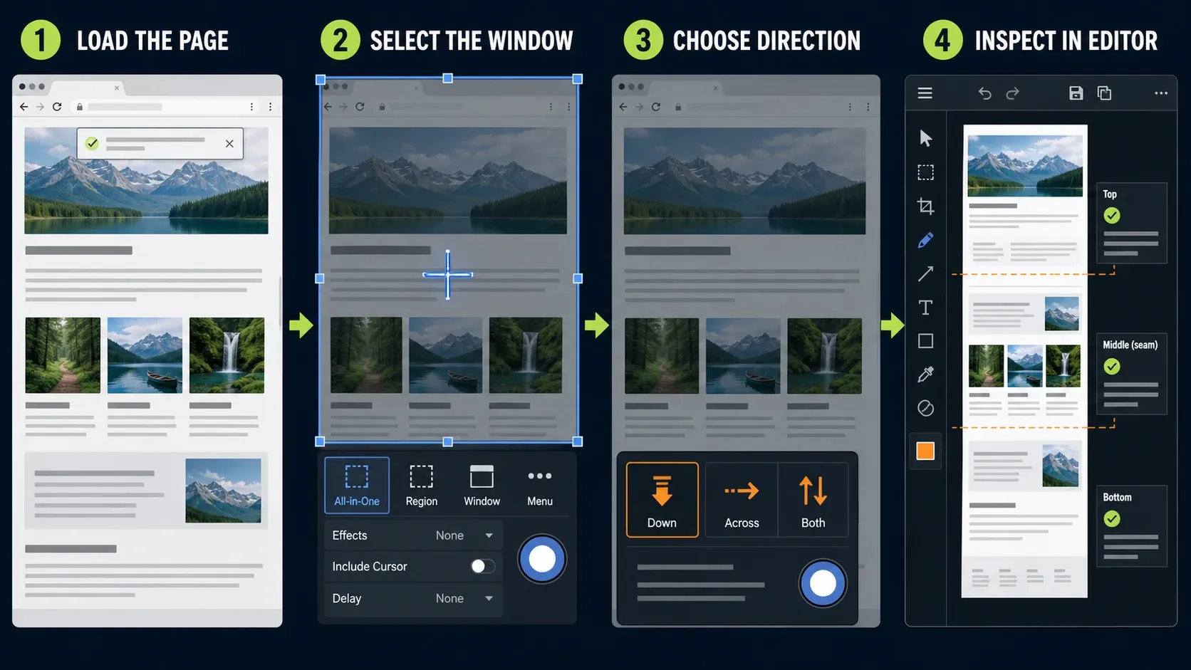 Automatic Snagit scrolling capture workflow from loading a page and selecting the window to choosing a direction and checking the stitched image