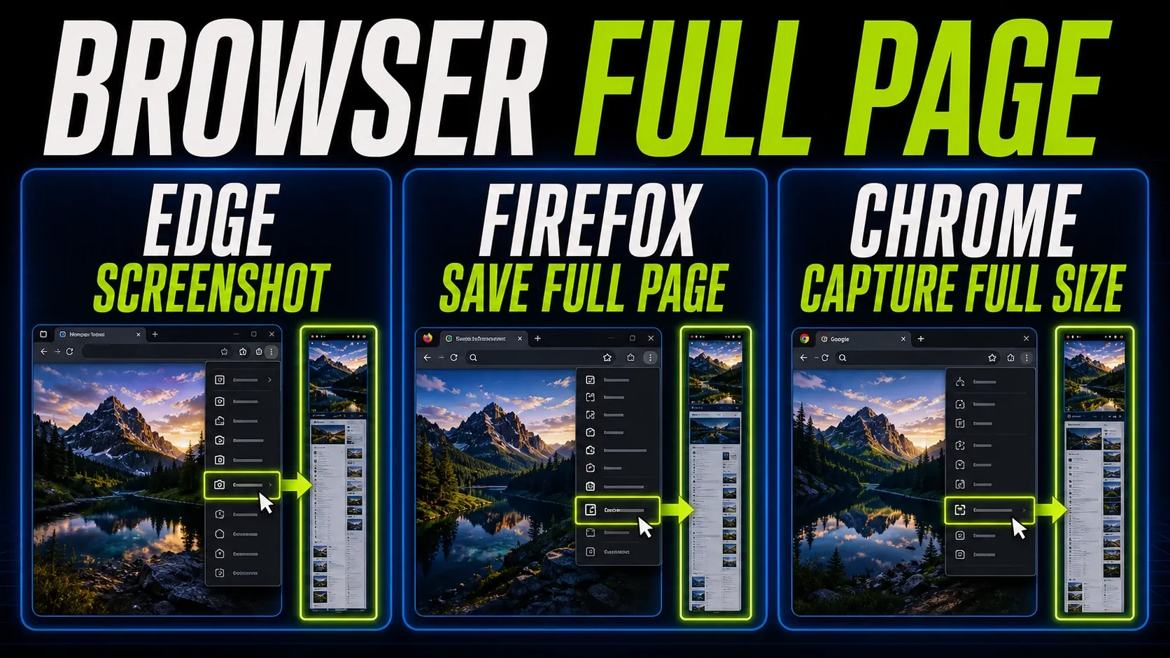 Full-page screenshot steps in Edge, Firefox, and Chrome DevTools