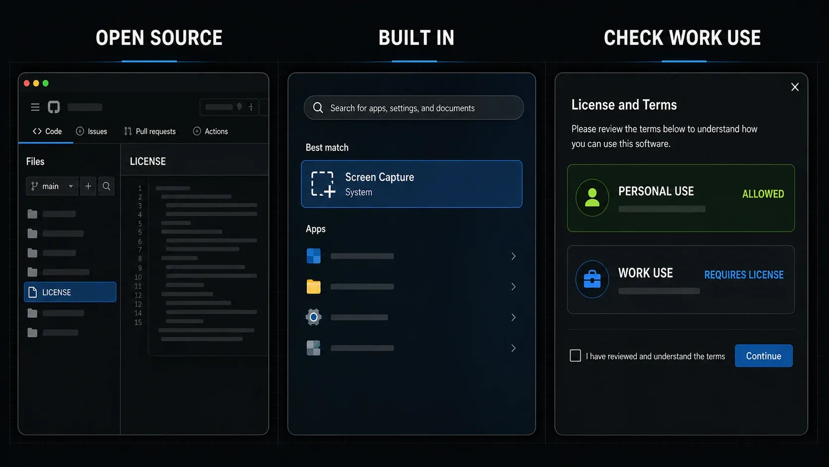 License checks for open-source, built-in, personal-use, and commercial screenshot tools