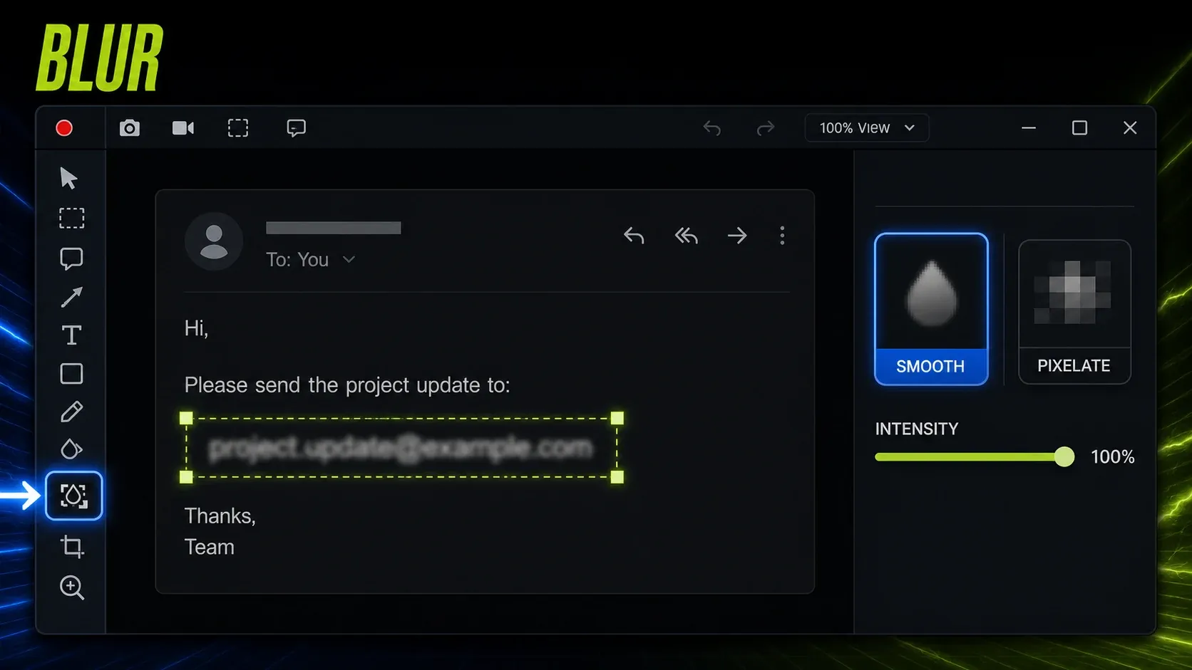 Snagit Editor Blur tool covering an email address with selection handles and intensity controls