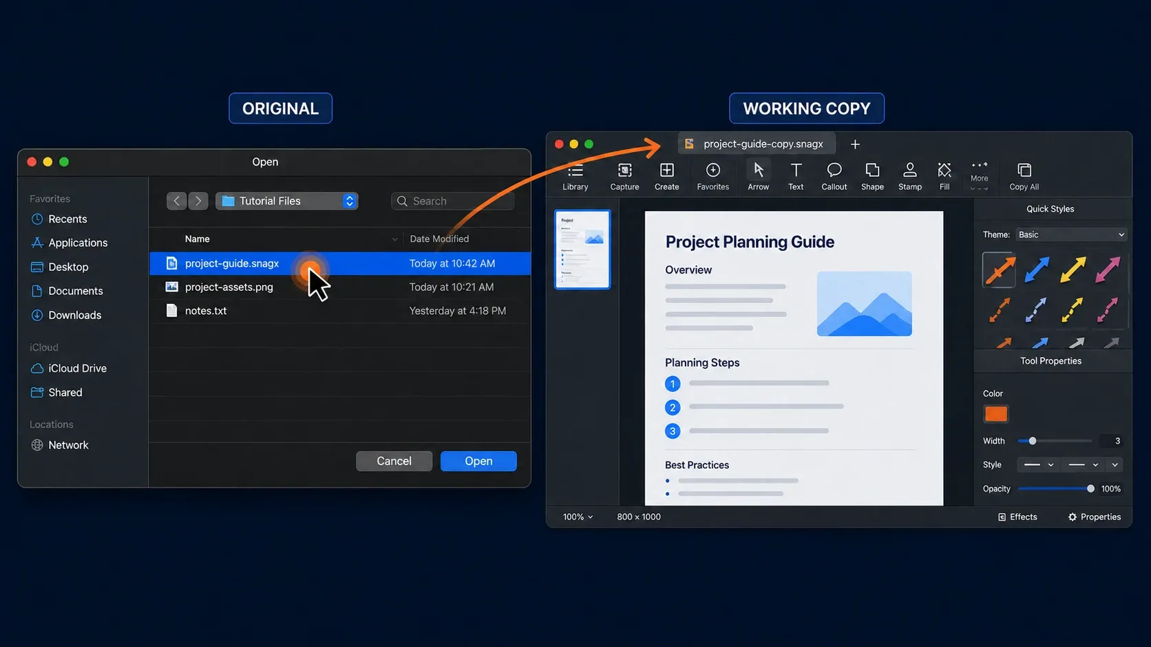 Snagit's Open dialog with the original SNAGX file, and a renamed working copy open for editing