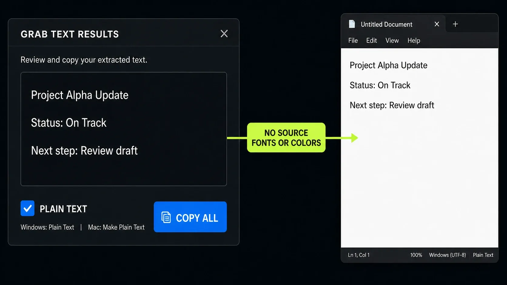 Grab Text Results with the plain text option enabled before copying into a document