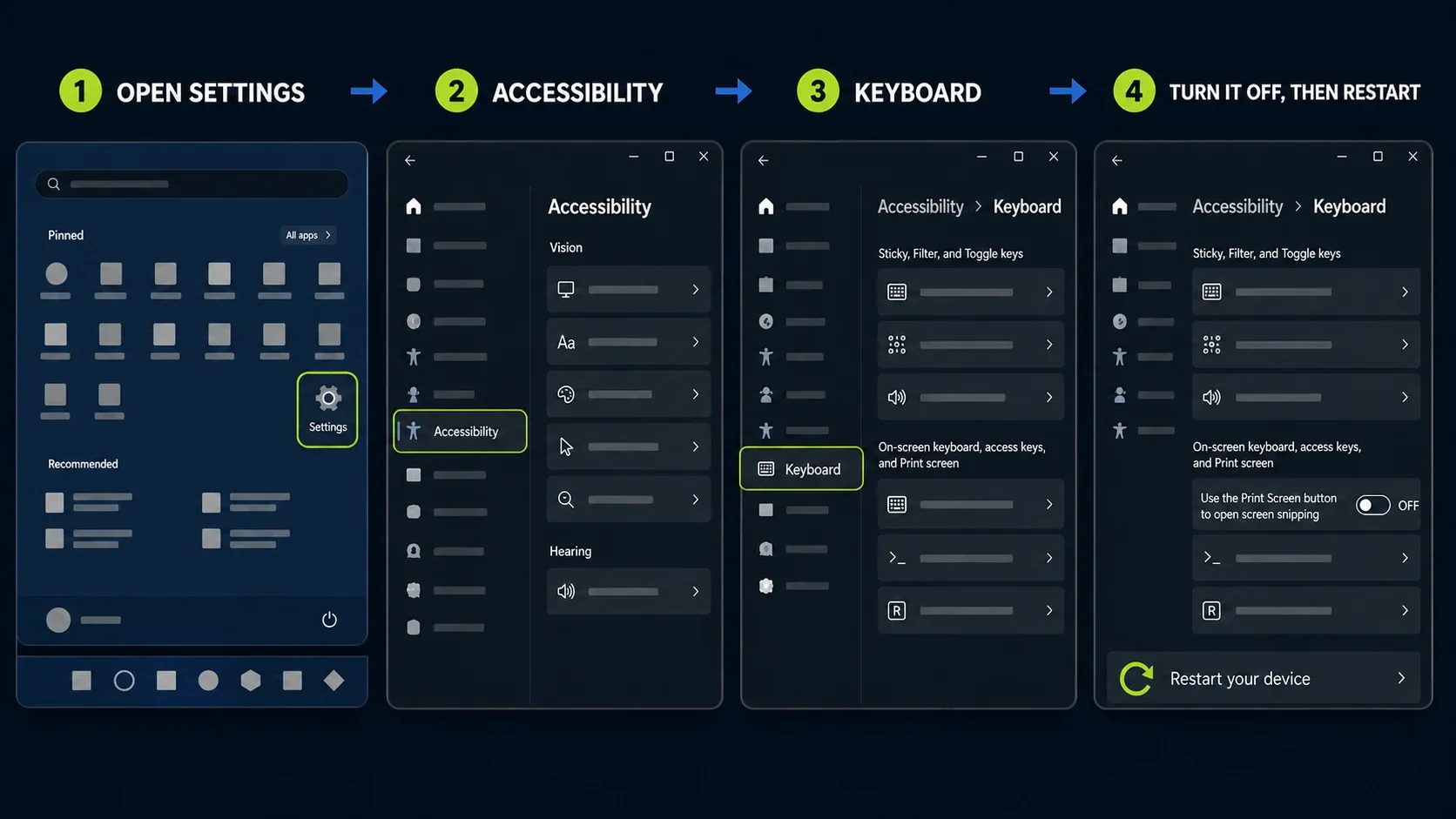 Windows 11 Settings path to Accessibility and Keyboard with the Print Screen screen-snipping toggle turned off