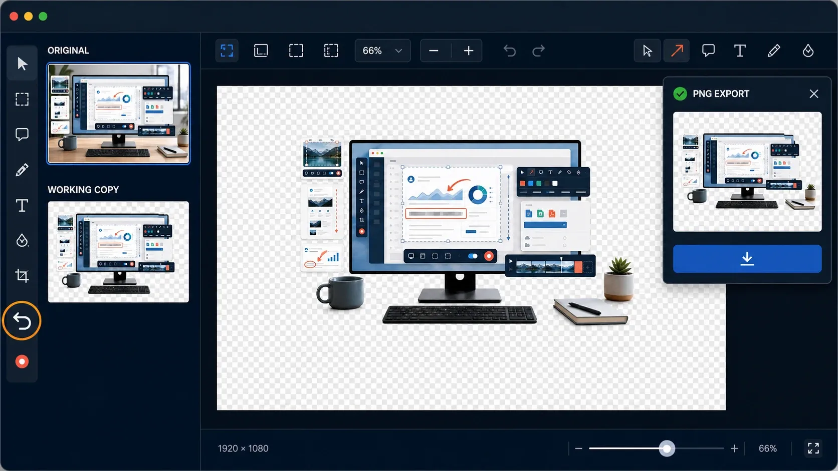 Snagit workspace with original and working-copy thumbnails, a transparent canvas, and a PNG export panel