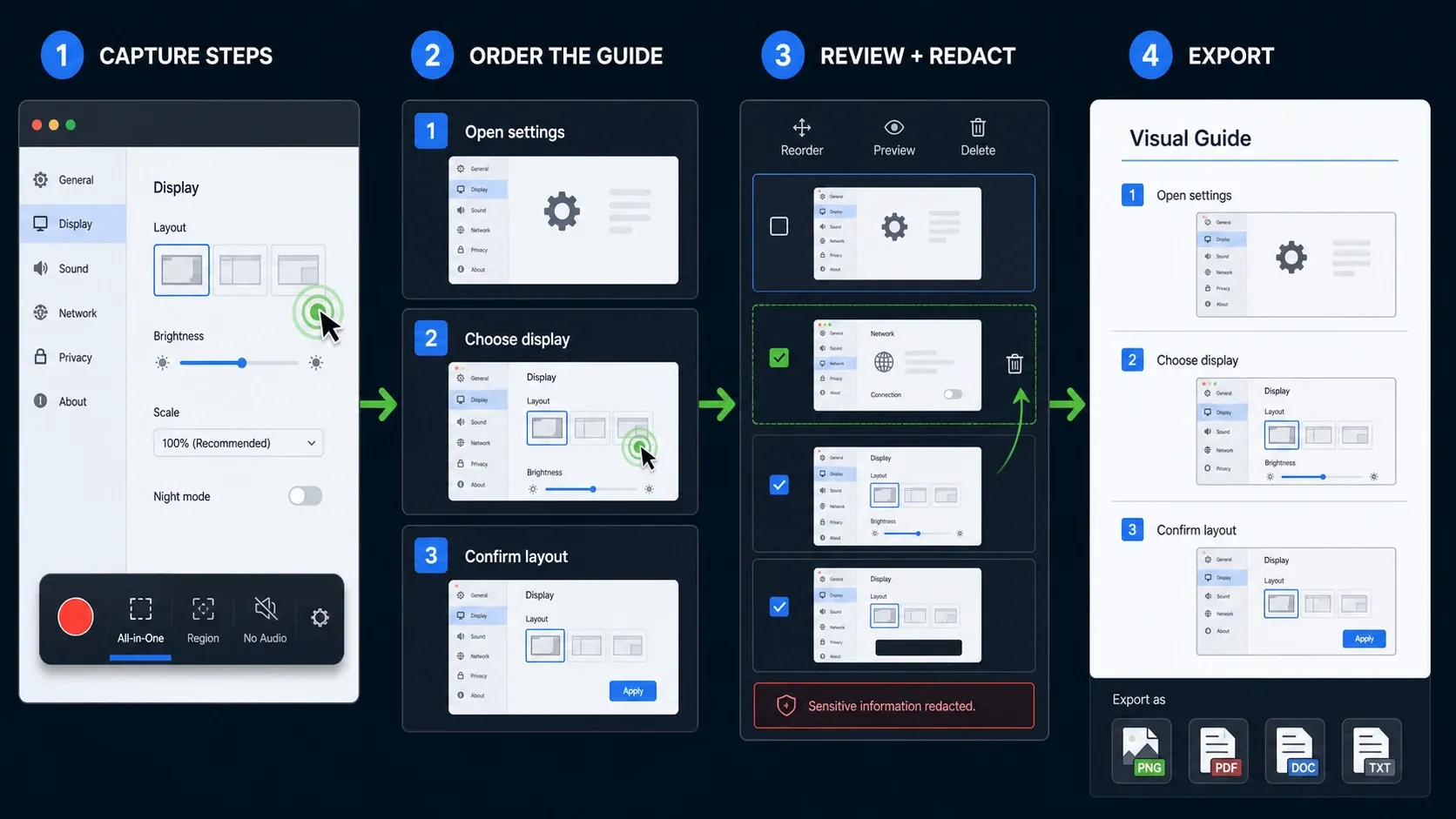 Snagit Step Recorder workflow for capturing clicks, ordering steps, reviewing private data, and exporting a guide
