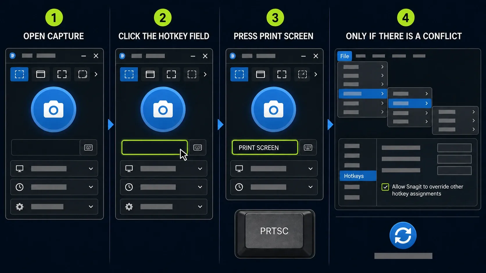 Snagit Capture hotkey field receiving Print Screen with the override-other-hotkeys option used only for a conflict
