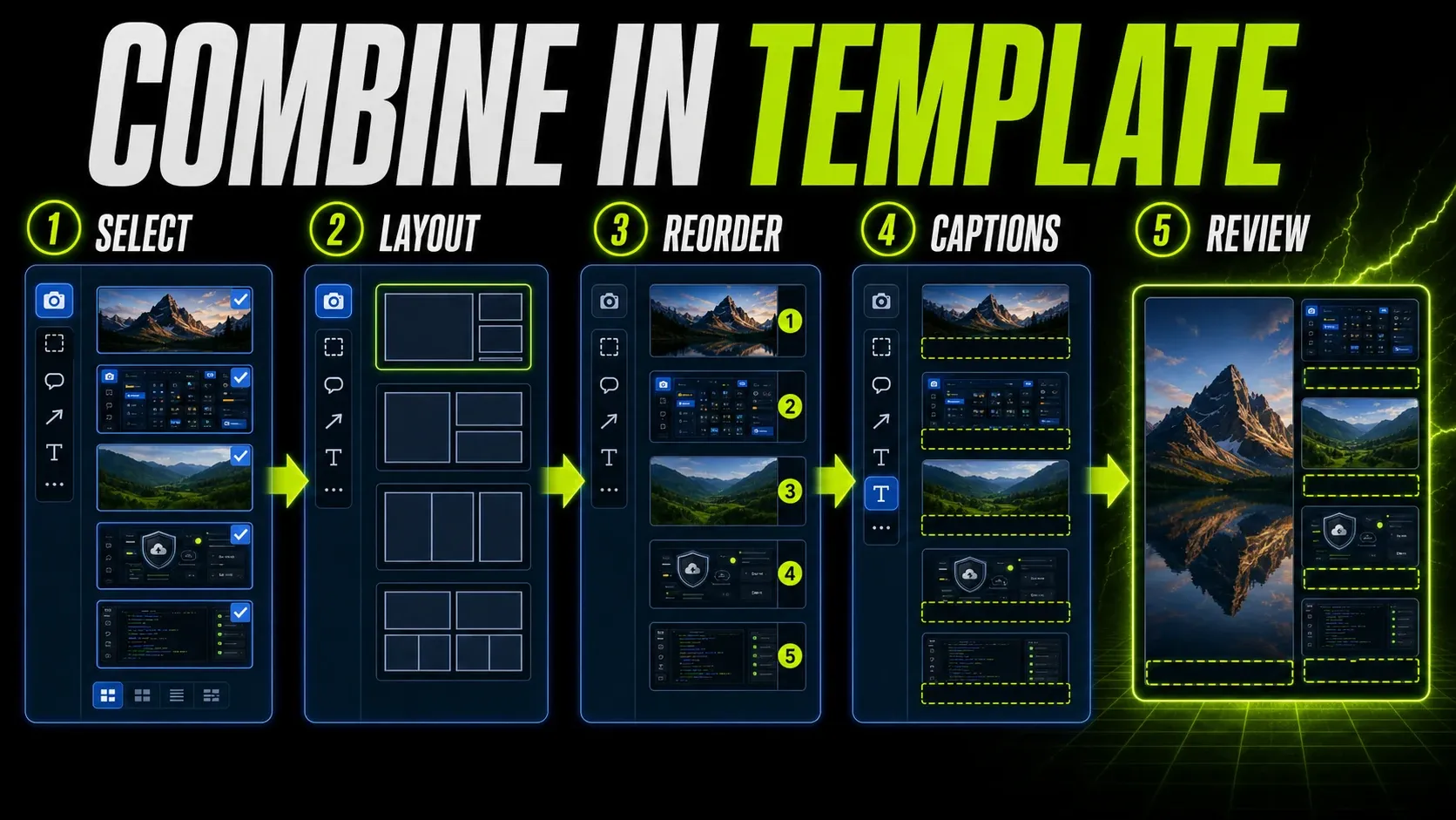 Snagit Combine in Template workflow from selected captures through layout, order, captions, and review