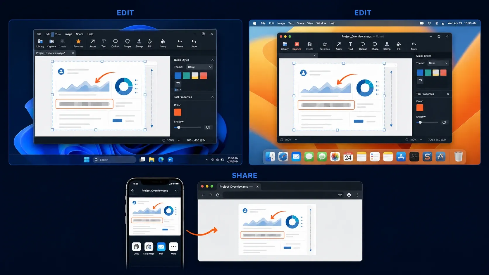 SNAGX editing in Snagit on Windows and Mac, with a PNG export viewed on a phone and in a browser