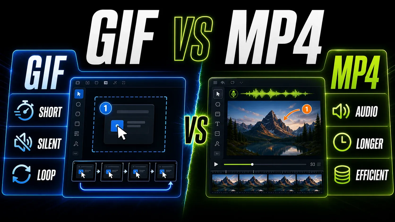 GIF versus MP4 decision guide comparing silent loops, audio, duration, color, size, and accessibility