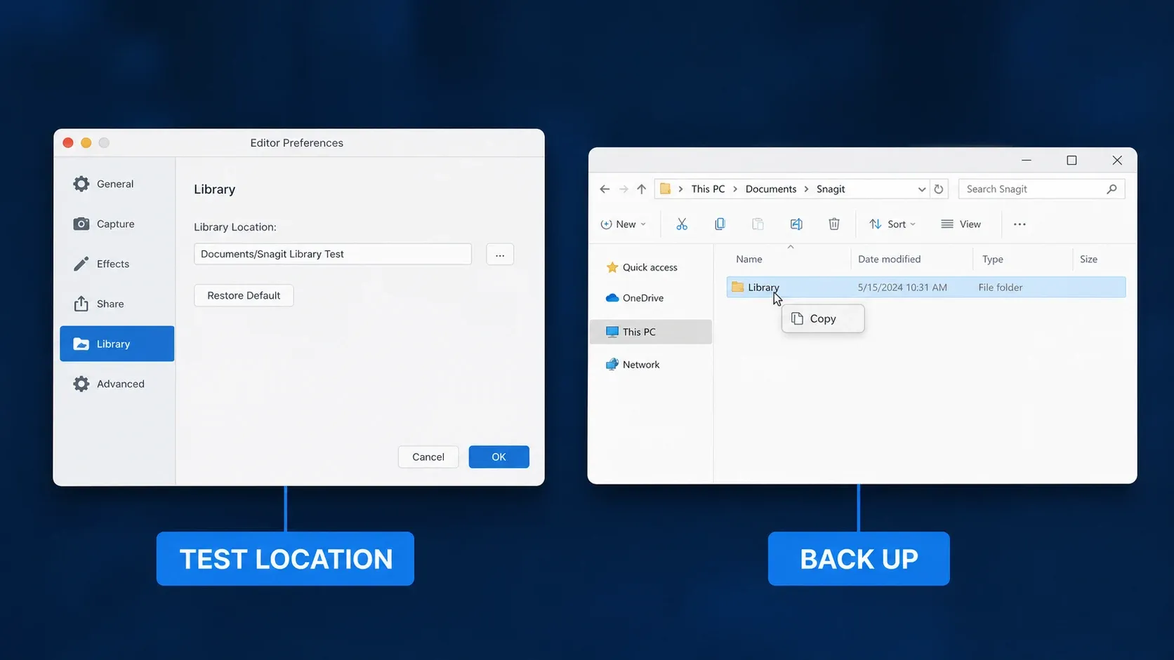 Workflow for backing up a Snagit Library and testing a new local folder
