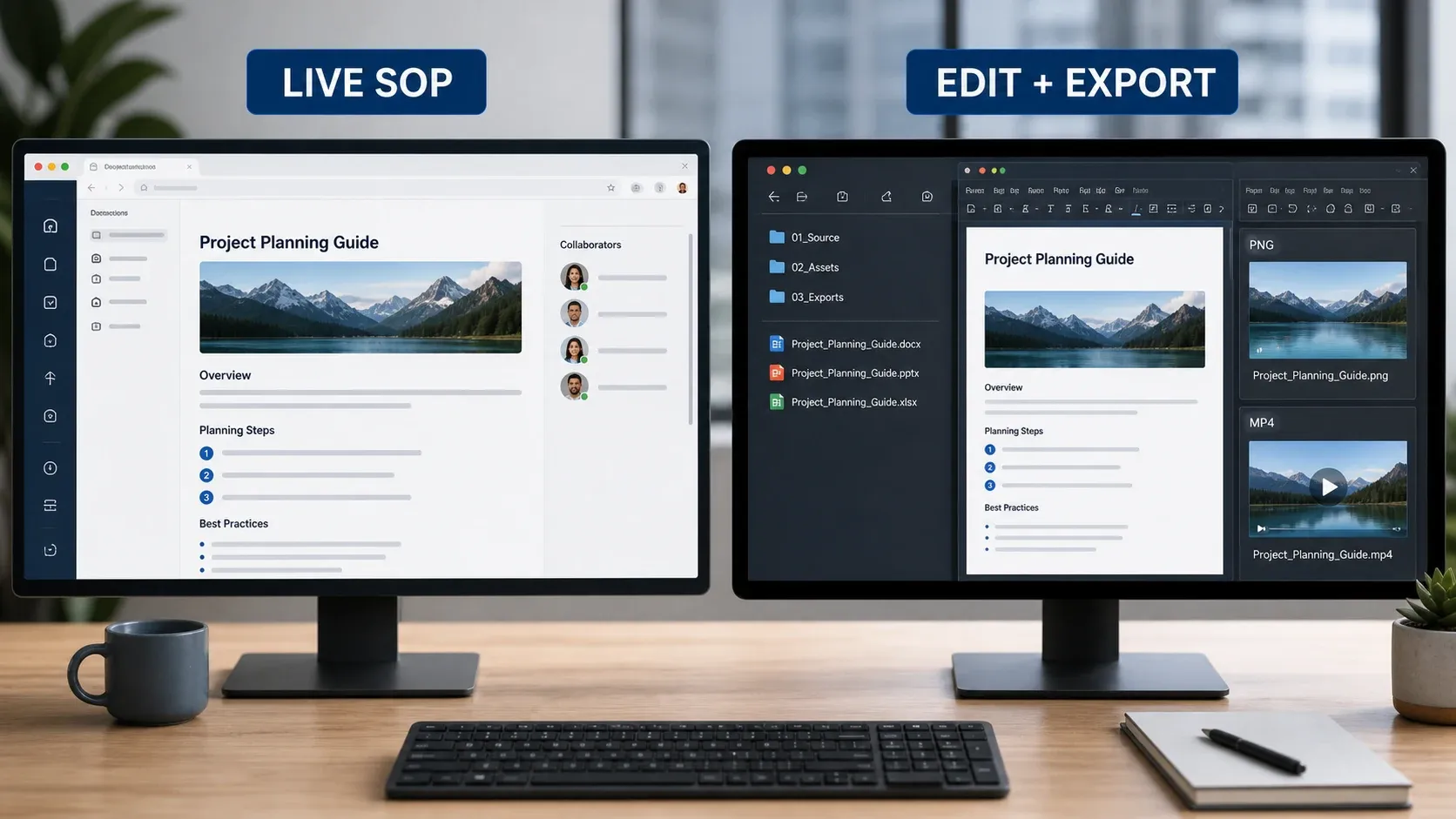 Lifecycle comparison of a hosted Scribe SOP and exported Snagit guide files