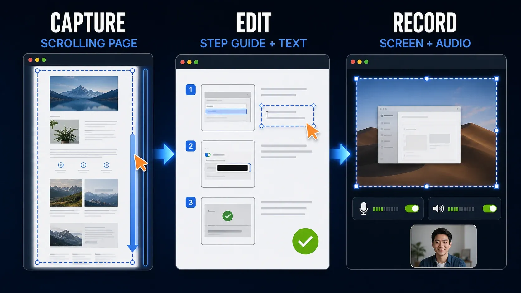 Snagit for Mac workflow for scrolling capture, step guides, text editing, and screen recording with audio