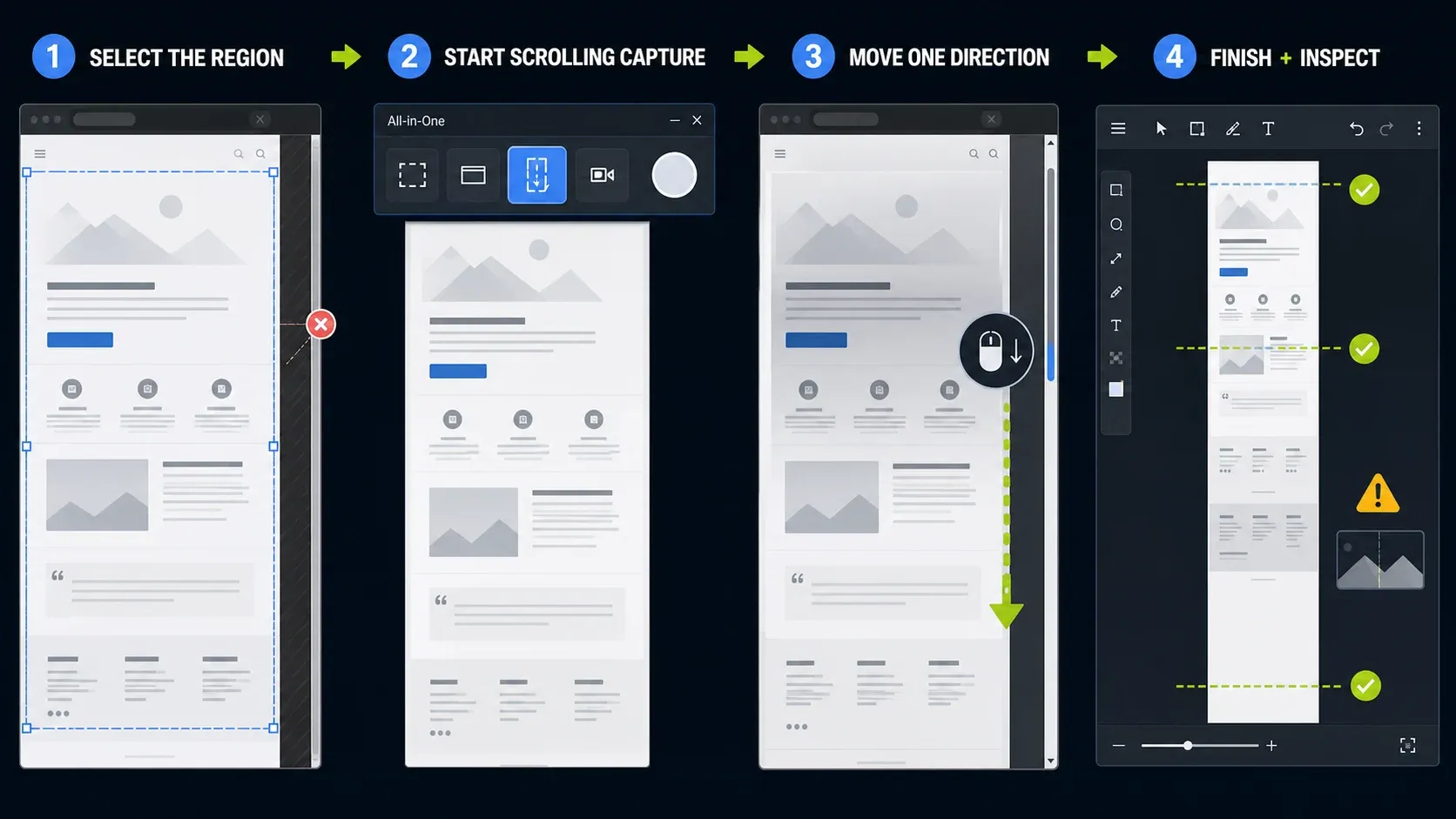 Manual Snagit Scrolling Capture workflow with the scrollbar excluded, one-direction scrolling, and seam inspection