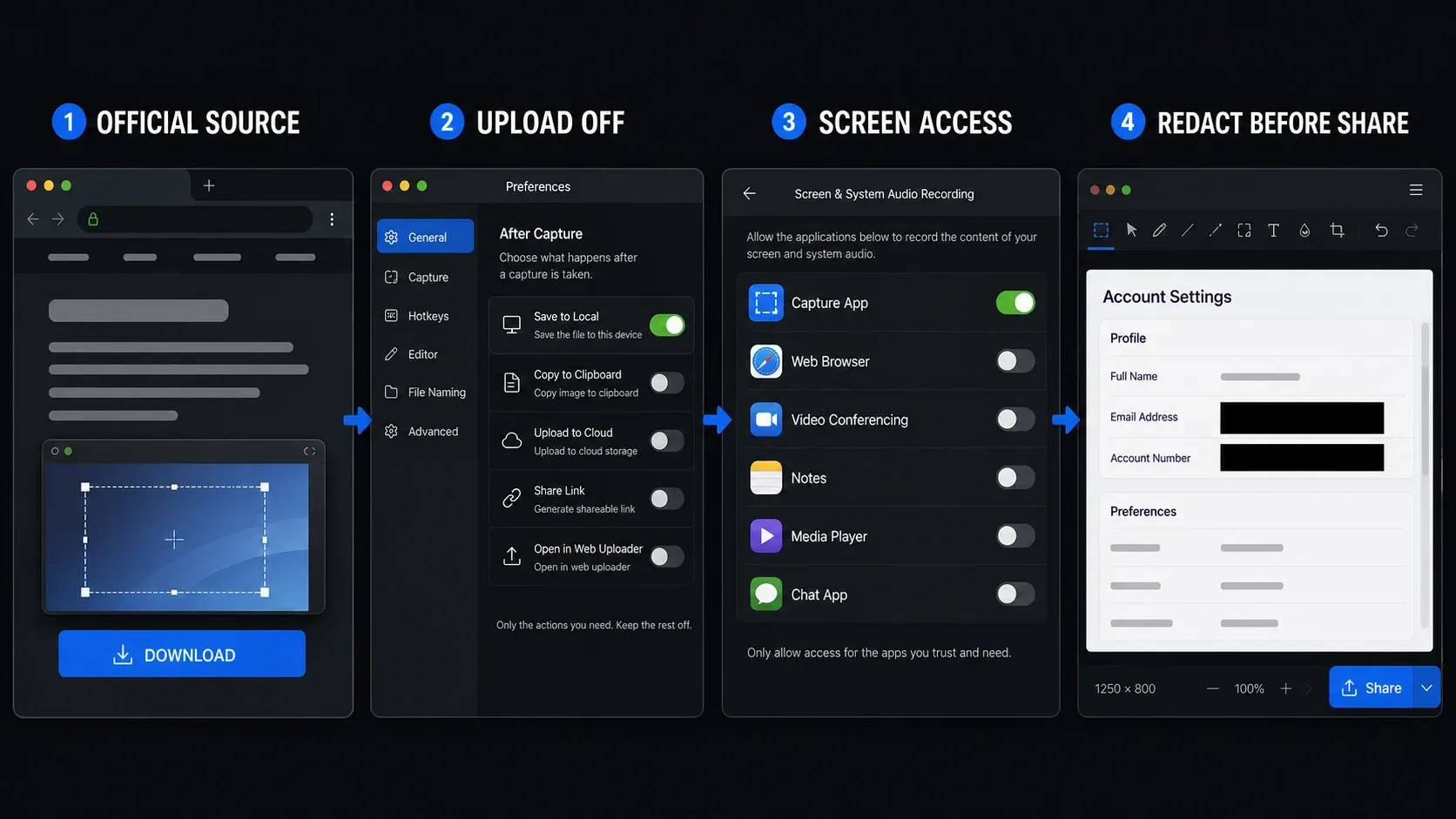Privacy workflow for official downloads, upload settings, screen permissions, and redaction before sharing