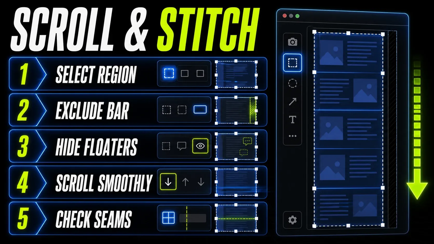 Controlled Snagit scrolling capture workflow for a nested panel with smooth one-direction movement and seam review