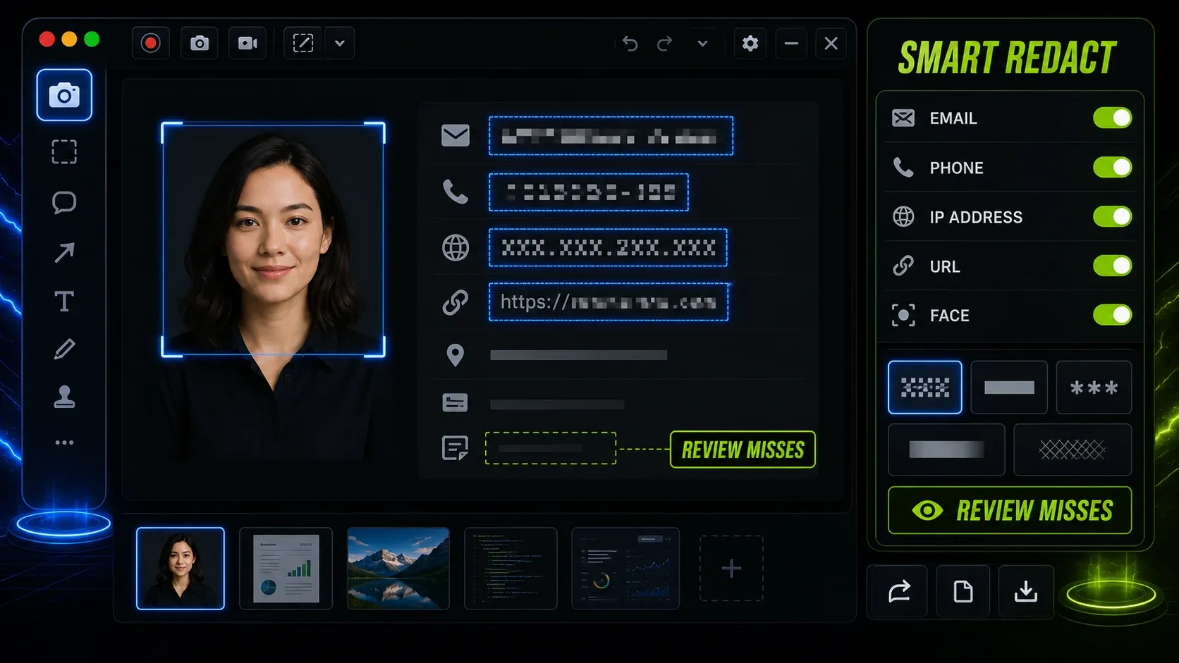 Snagit Smart Redact panel detecting email, phone, IP address, URL, and face categories