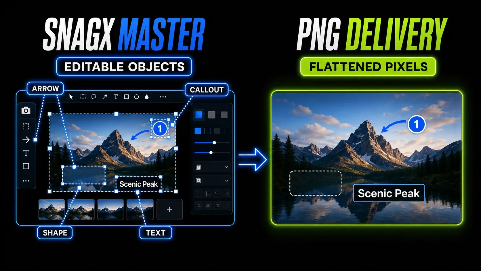 Snagit SNAGX editable objects compared with a flattened PNG delivery file