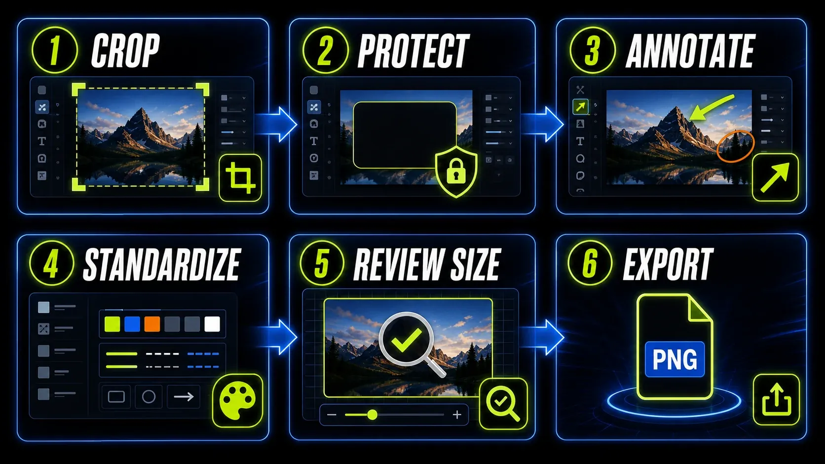 Snagit annotation workflow from clean crop and privacy check to markup, style, size review, and export