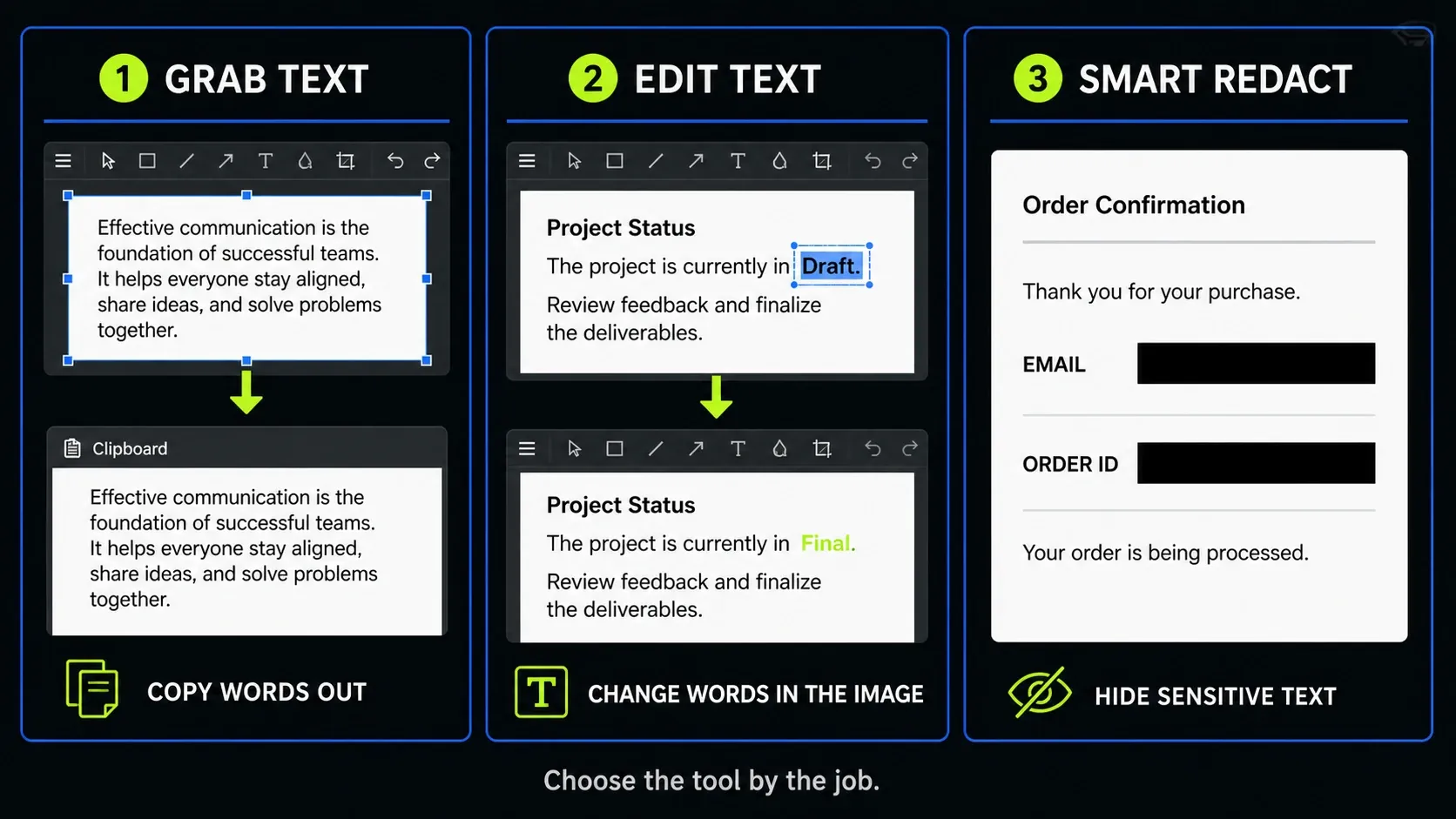 Grab Text, Edit Text, and Smart Redact shown as three different screenshot tasks