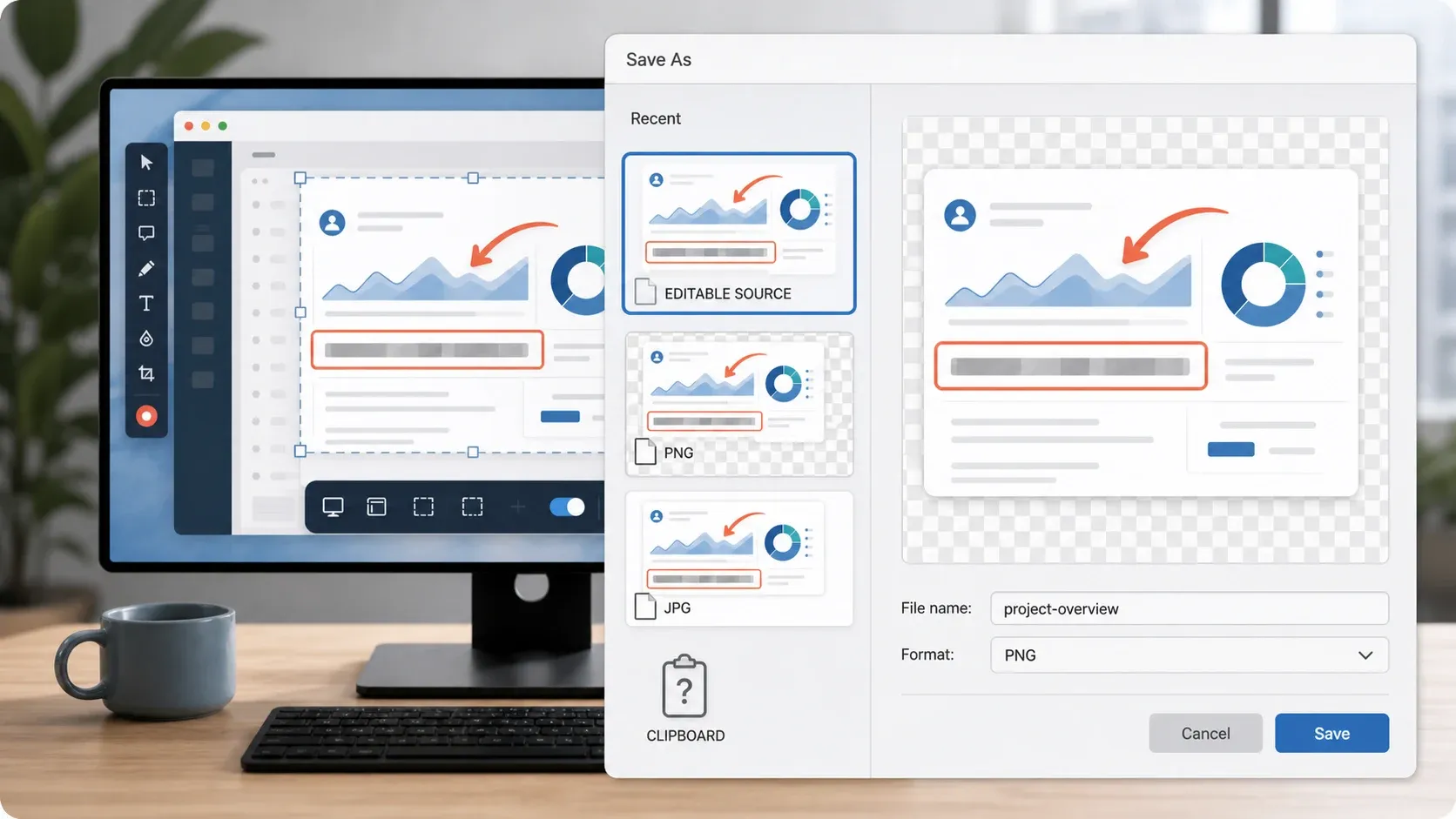 SNAGX, PNG, JPG, and clipboard choices after removing a background in Snagit