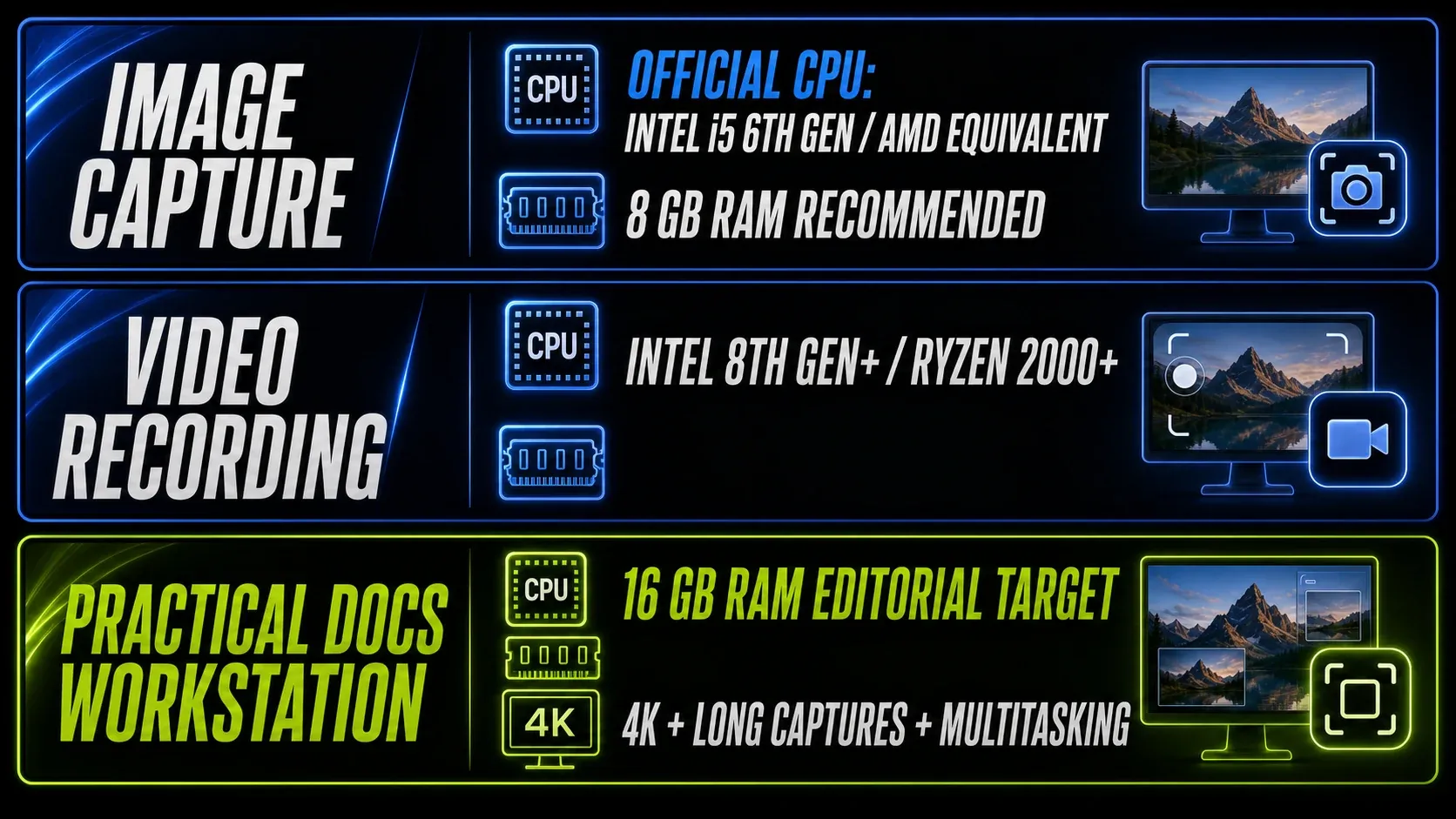 Practical Snagit hardware tiers for basic screenshots, documentation work, and high-resolution video