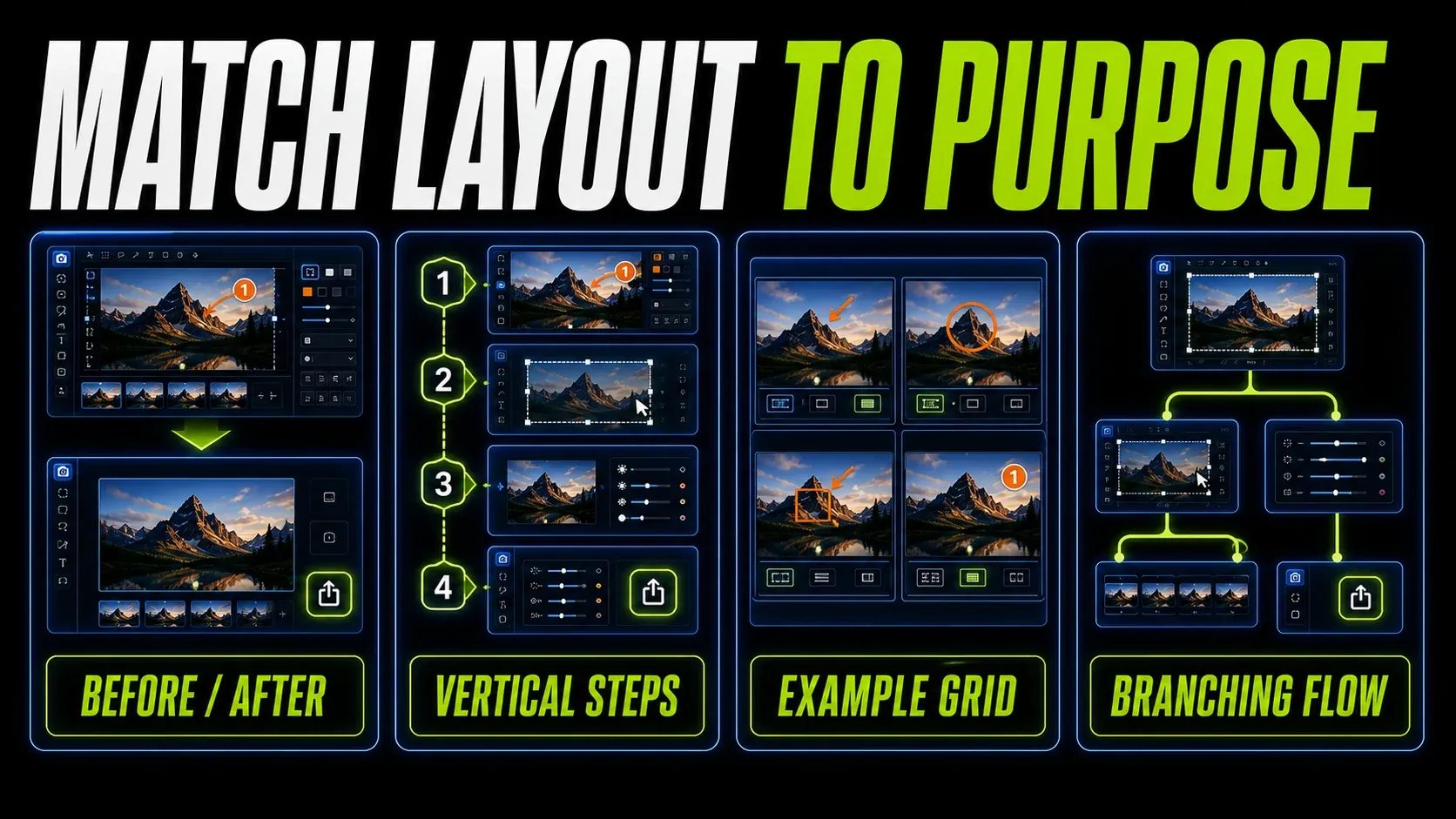 Snagit template layout guide comparing before-and-after, vertical steps, grid examples, and branching flow