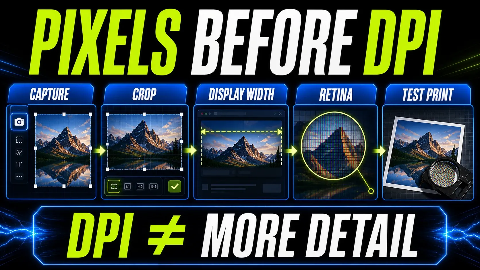 Snagit resolution workflow connecting capture pixels, crop, display width, high-density screens, and print size
