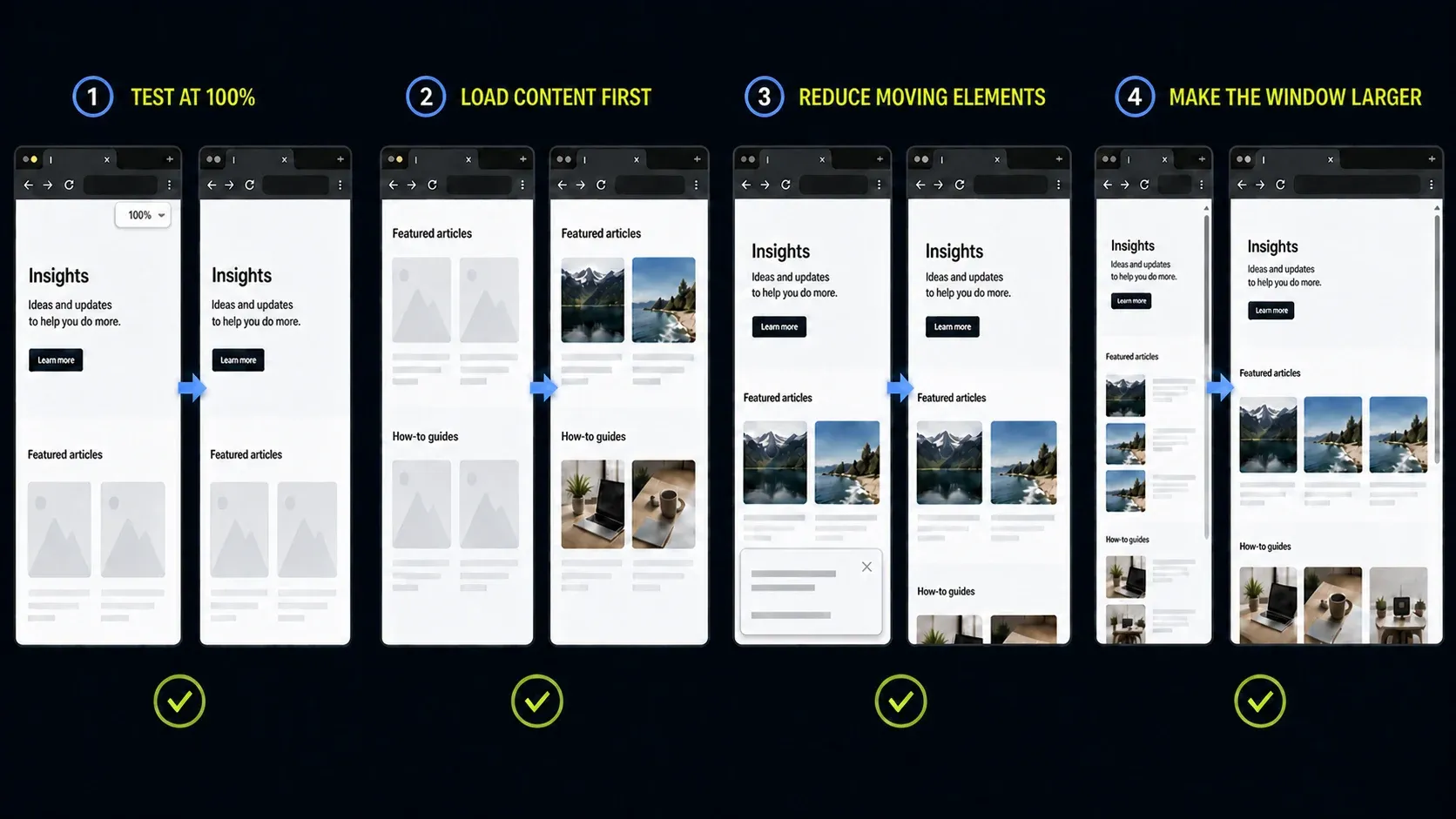 Page preparation for Snagit scrolling capture using 100 percent zoom, preloaded content, fewer moving elements, and a larger window
